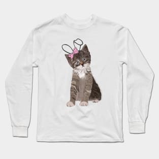 Cute hand drawn cat with easter bunny ear and pink ribbon Long Sleeve T-Shirt